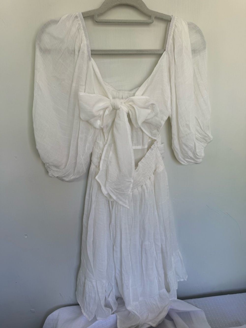 White Peasant Midi Summer Dress with Puff Sleeves and Back Tie